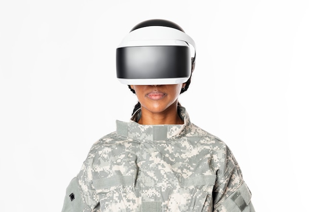 Free photo female military wearing vr headset army technology