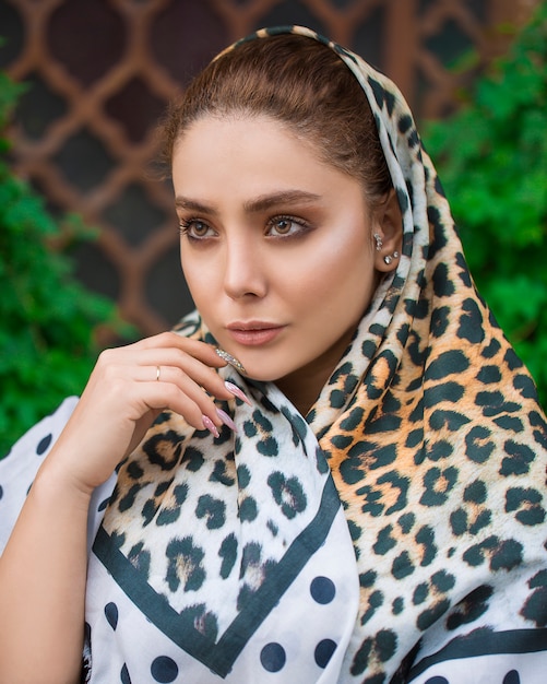 Female model in animal print hijab