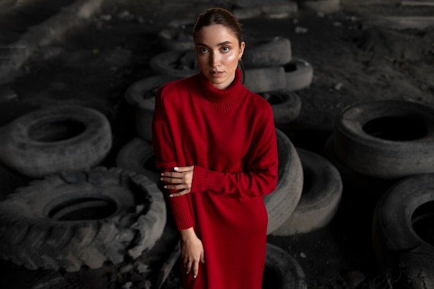 Female model being photographed with grunge environment during urban exploration