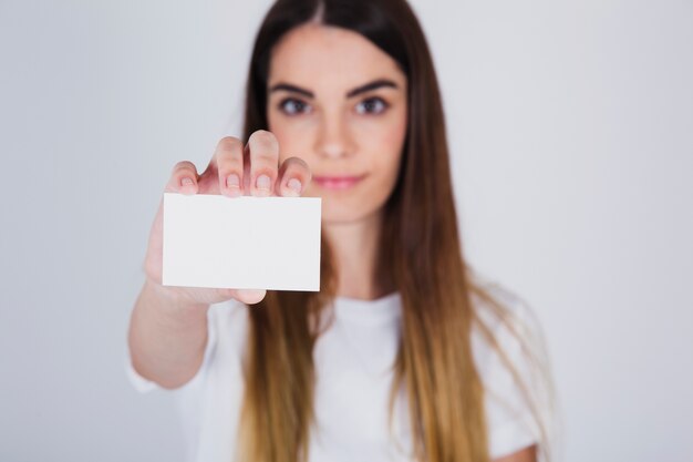 Female model with business card