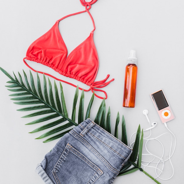 Female outfits with long leaf, perfume bottle and mp3 player on gray background