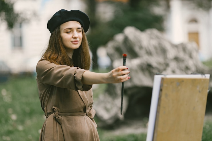 Бесплатный Фотография художница рисует в парке. женщина в платье цвета хаки и черной шляпе