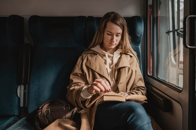 電車の中で読書をしている女性の乗客