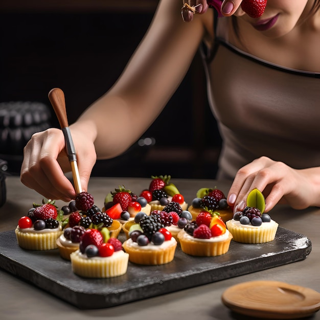 Free photo female pastry chef decorating tartlets with fresh berries closeup