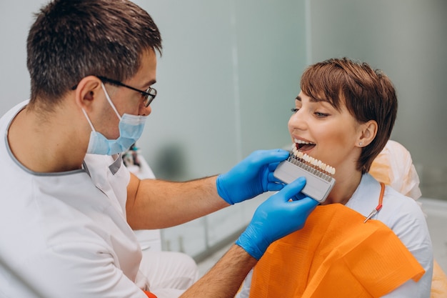 Female patient sitting in dentalchair before whitening procedure