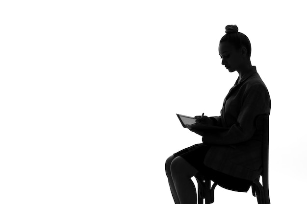 椅子に座って、若い影の白い背景を書き留めている女性の人のシルエット