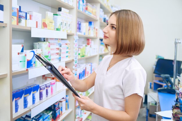 Женщина-фармацевт с папкой осматривает лекарства