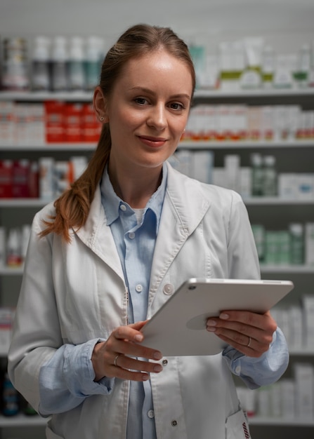 Женщина-фармацевт со столом проверяет запасы в аптеке
