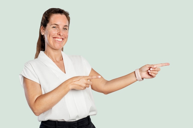 Female presenter pointing finger to the right hand side