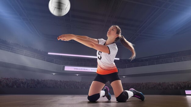 Female professional volleyball players in action on 3d stadium