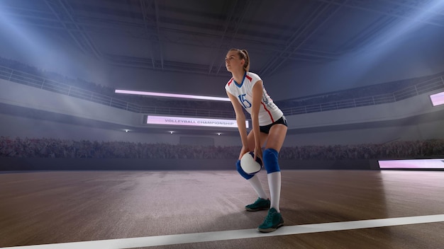 Giocatori di pallavolo professionisti femminili in azione sullo stadio 3d