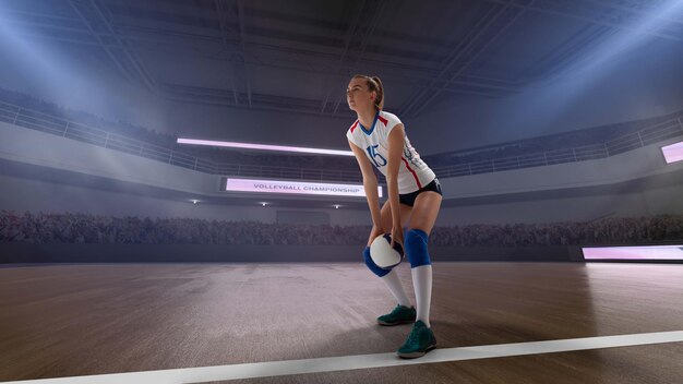 Female professional volleyball players in action on 3d stadium