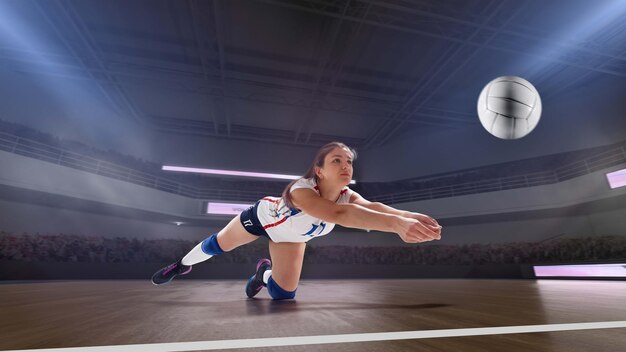 Female professional volleyball players in action on 3d stadium