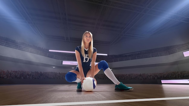 Female professional volleyball players in action on 3d stadium