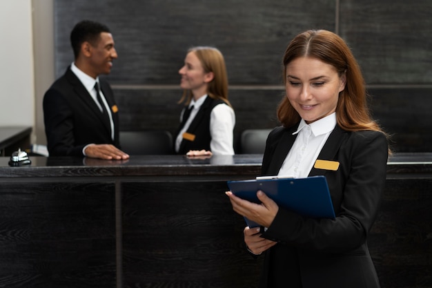 Foto gratuita receptionist femminile al lavoro in abito elegante