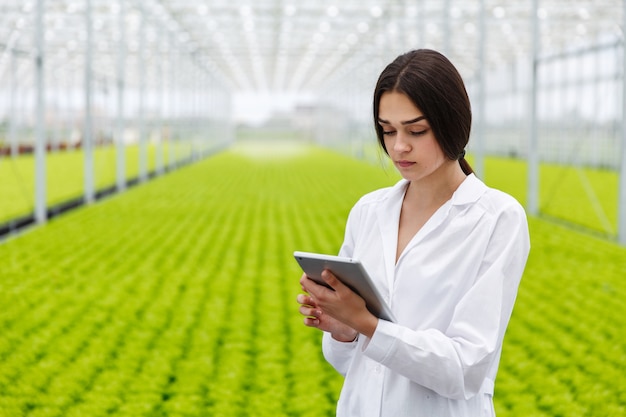 Free photo female researcher holds a tablet studying plants in the greeenhouse