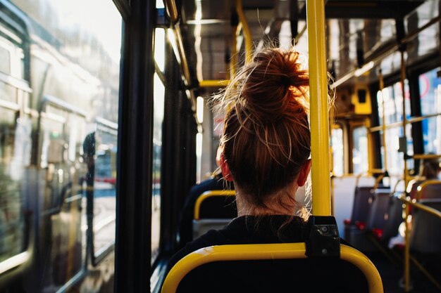 Женщина, сидящая в автобусе, снята сзади