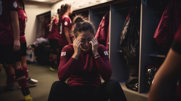 Free photo female soccer player crying after match