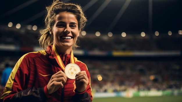 Female spanish soccer player with gold medal