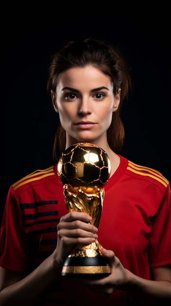 Female spanish soccer player with world cup trophy