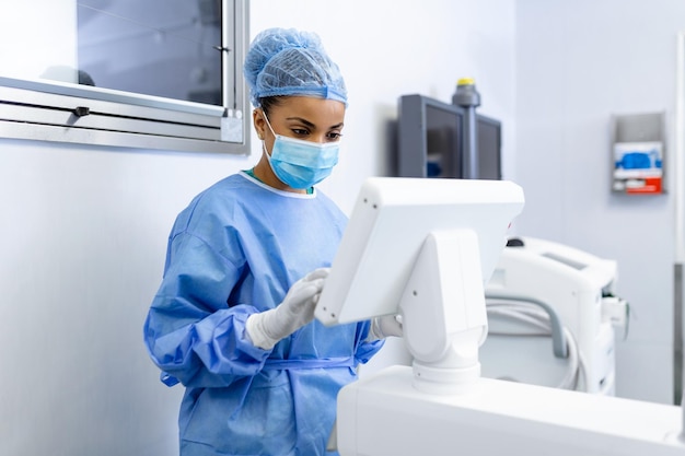 Free photo female surgeon with surgical mask at operating room using 3d image guided surgery machine