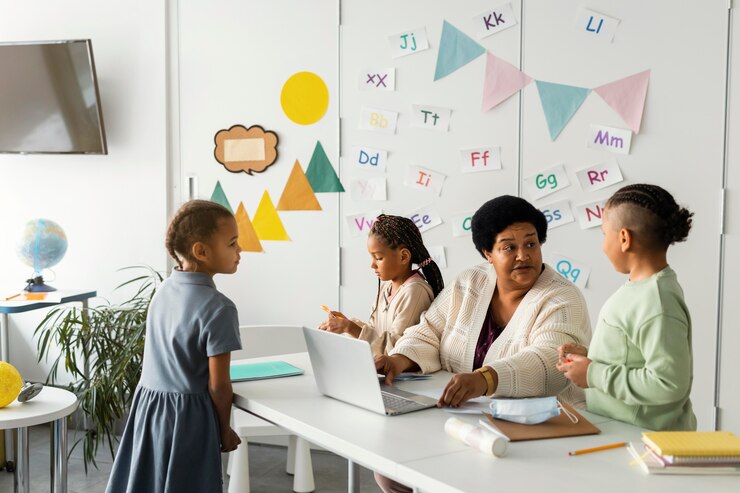 Free Photo female teacher talking with students
