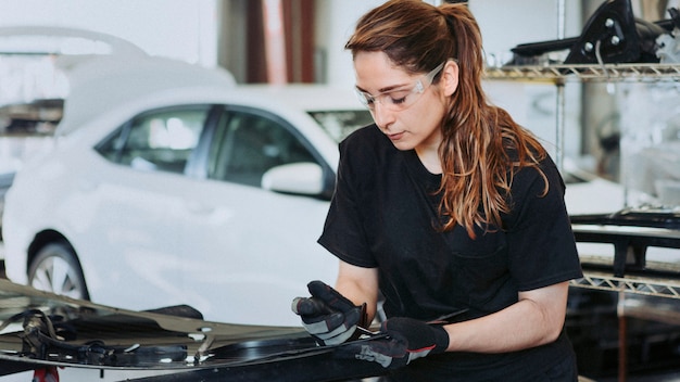 Tecnico femminile che ripara le parti dell'auto in un garage