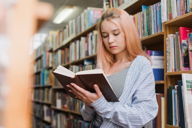 Female teenager reading book near bookcases