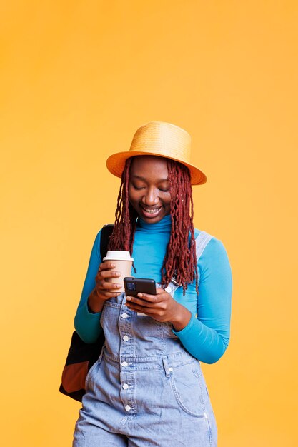 Female tourist texting messages