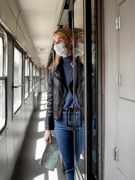 電車で旅行する女性