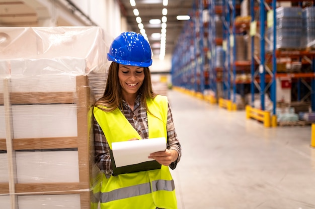 Female warehouse worker checking supply in large distribution warehouse storage area