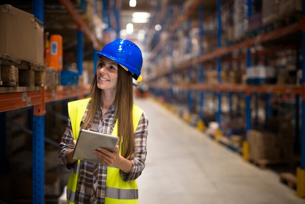 大規模な保管場所の棚に製品を数えるタブレットを持つ女性の倉庫作業員