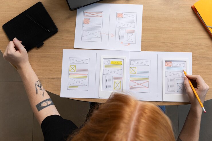 Free Photo female web designer in the office with notebook