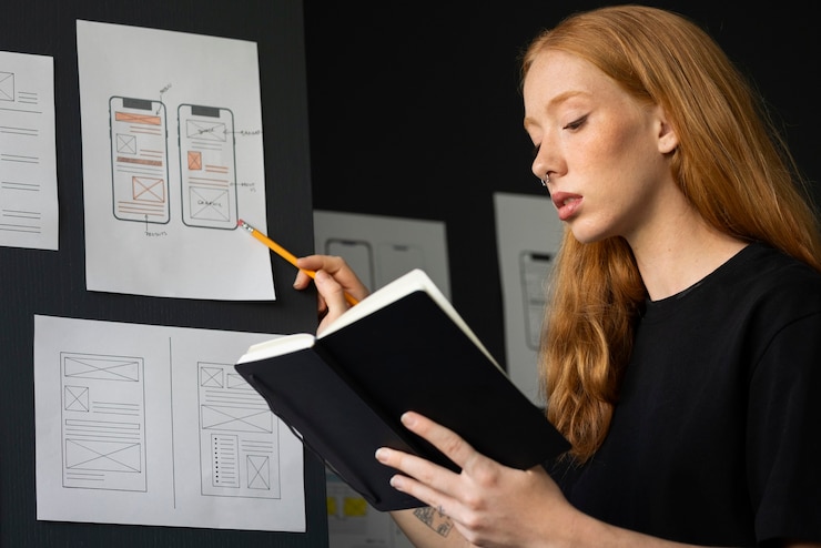 Free Photo female web designer in the office with notebook
