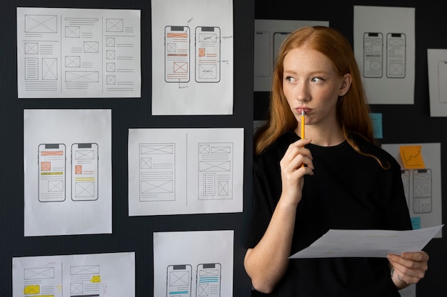 Free photo female web designer taking notes in the office