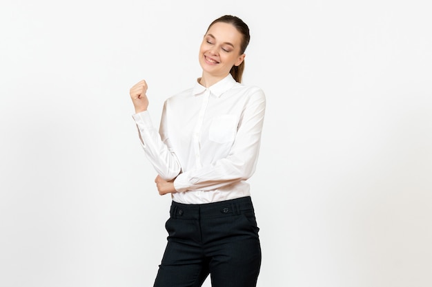 female worker in elegant white blouse with smiling face on white