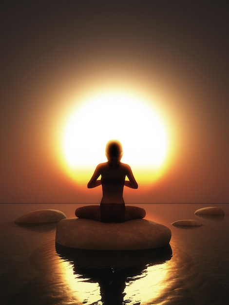 female in yoga pose on rock in ocean against a sunset sky