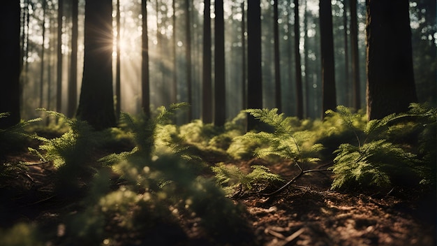 Foto gratuita felci nella foresta oscura al rendering 3d dell'alba