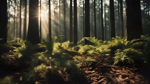 Free photo ferns in the dark forest at sunrise 3d rendering