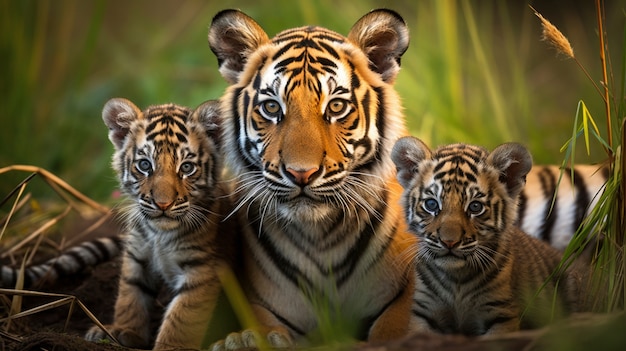 Famiglia di tigri feroci in natura