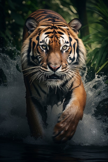 Free photo ferocious tiger in water