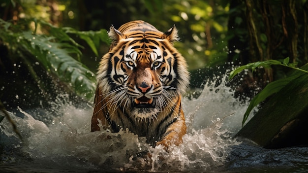 Free photo ferocious tiger in water