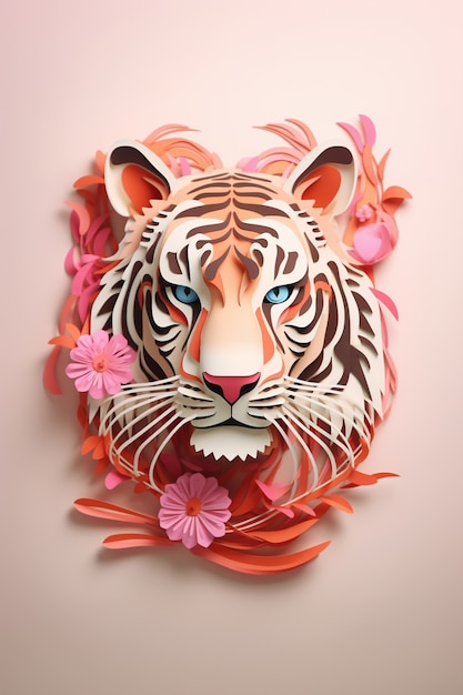 Free photo ferocious tiger with flowers in studio