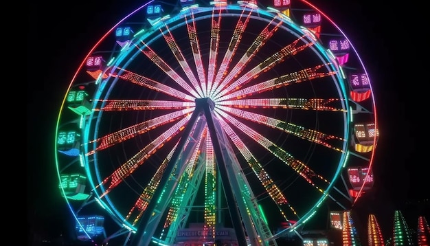 Una ruota panoramica è illuminata di notte con le luci accese.