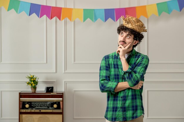 Festa junina cute young guy in straw hat with retro radio and colorful flags thinking