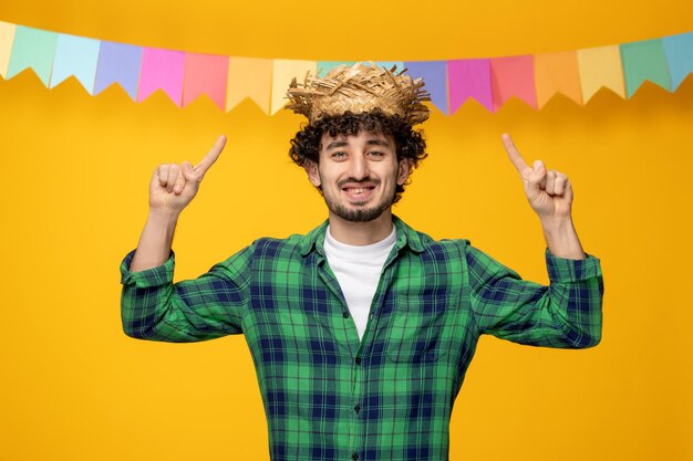 Festa junina young cute guy in straw hat and colorful flags brazilian festival pointing up