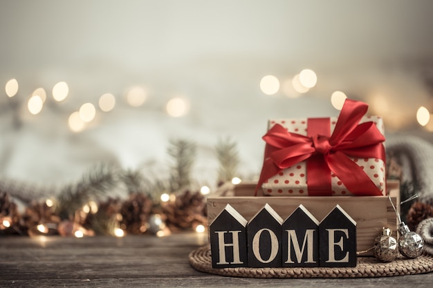 Festive background with lights with the inscription home