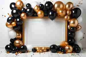 Free photo festive blank white frame with black and gold balloons decoration