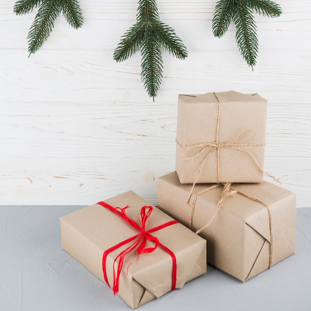 Free photo festive boxes wrapped in kraft paper
