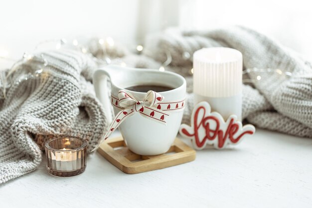 Festive composition with a cup and decor details for valentines day